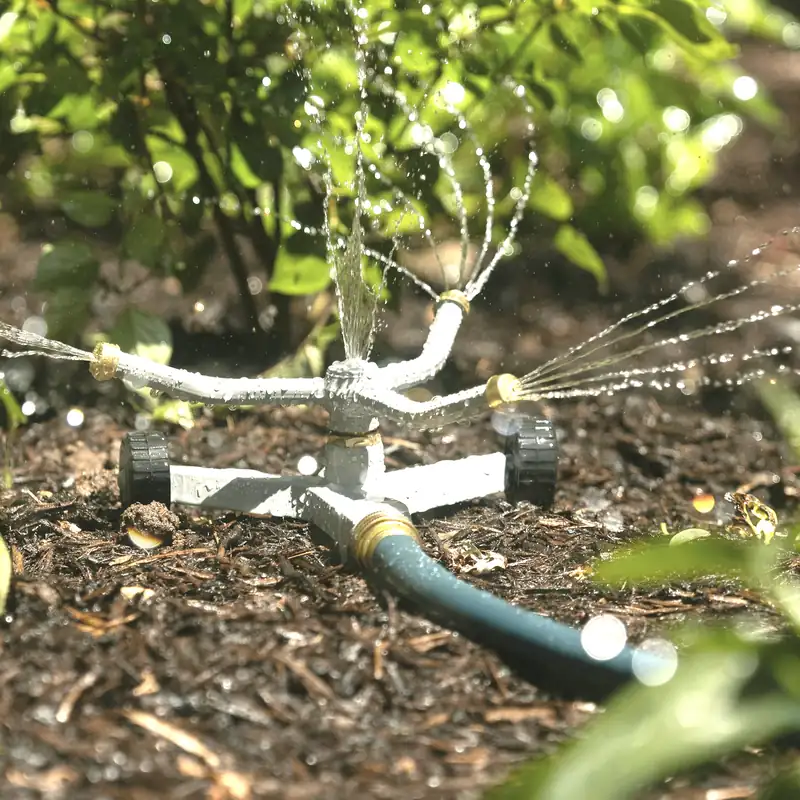A garden sprinkler on a hose, spraying water over a mulched bed